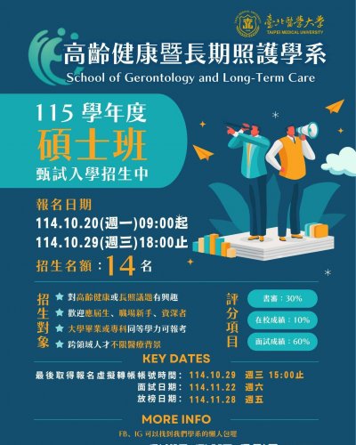 115學年度高齡健康暨長期照護學系碩士班甄試入學招生